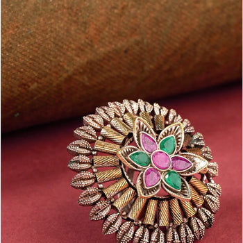Oxidised Dual Toned Ruby & Emerald Studded Adjustable Ring in Floral Pattern