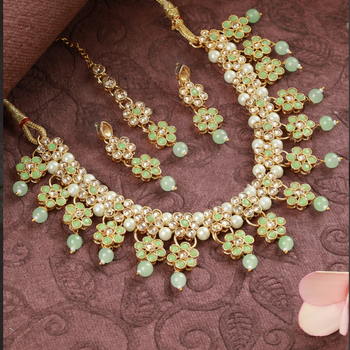 Green Floral Gold Plated Necklace, Earrings and Tikka