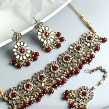 Mirror Studded Maroon Floral Jewellery Set