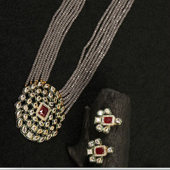 Grey Beads Kundan Gold Plated Ranihaar Jewellery Set