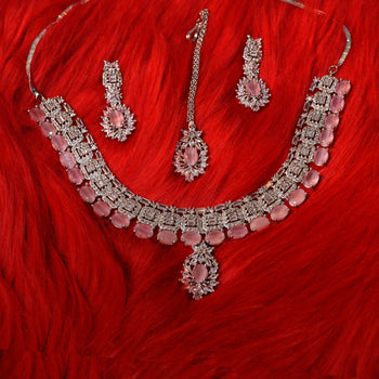 Coral Pink American Diamonds studded Necklace, Earrings & Tikka