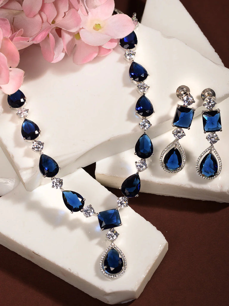Silver Toned Blue AD studded designer Necklace