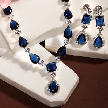 Silver Toned Blue AD studded designer Necklace