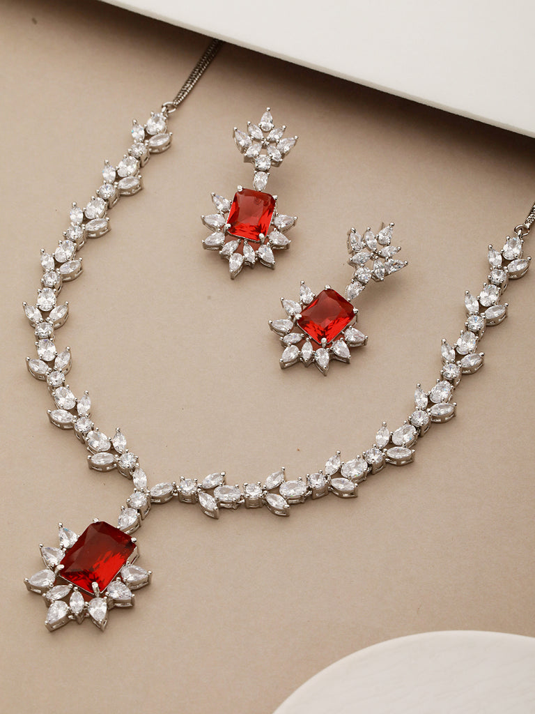 Silver Plated Red Ruby Zircon Floral Necklace Set
