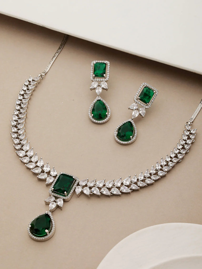 Silver Plated Green Zircon Necklace Set