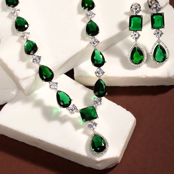 Silver Toned Green AD studded designer Necklace