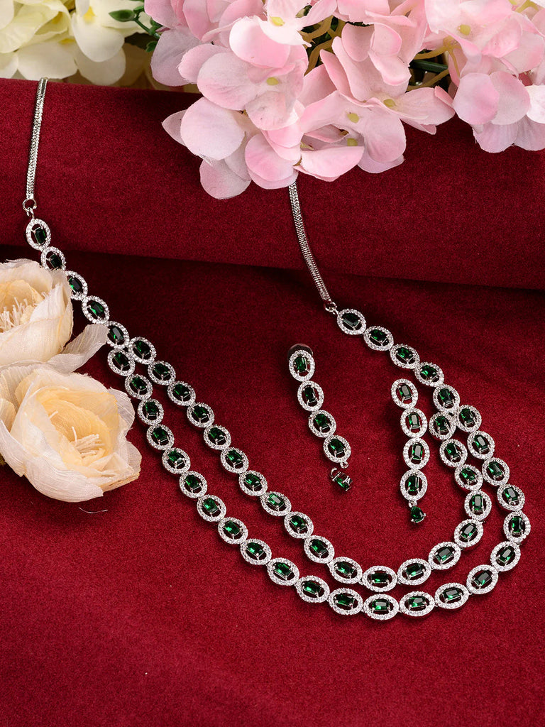 White Rhodium Plated Green AD studded Necklace Set