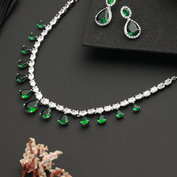 Rhodium Plated green CZ Studded Single Line Minimal Jewellery Set