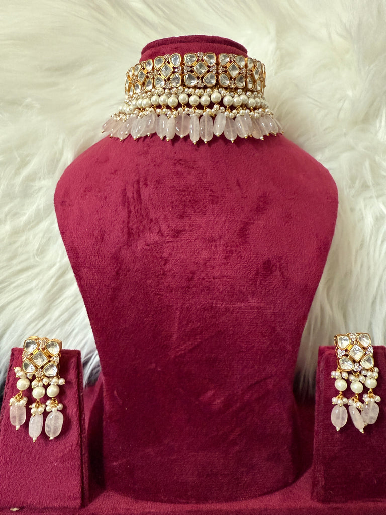 Light Pink Pearl and Beads Choker Necklace set