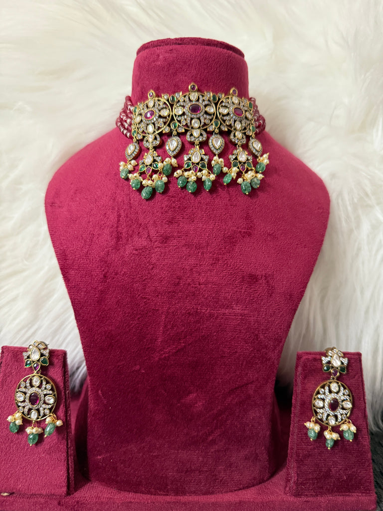 Maroon & Green moissanite & Beads Necklace set