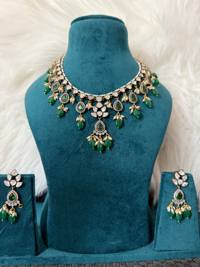 Green Colored Beads & Kundan Necklace set