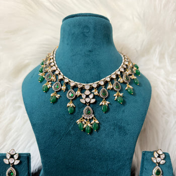 Green Colored Beads & Kundan Necklace set