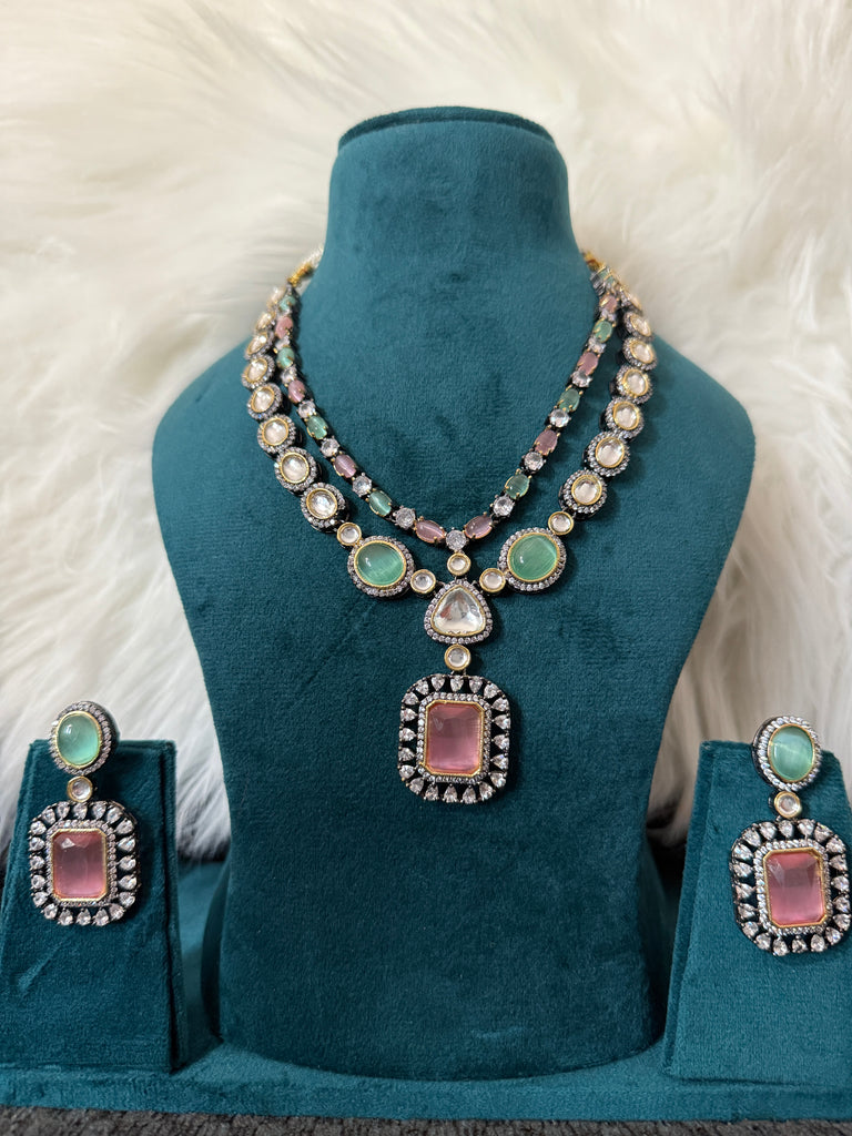 Mint Green & Pink Double layered Necklace set