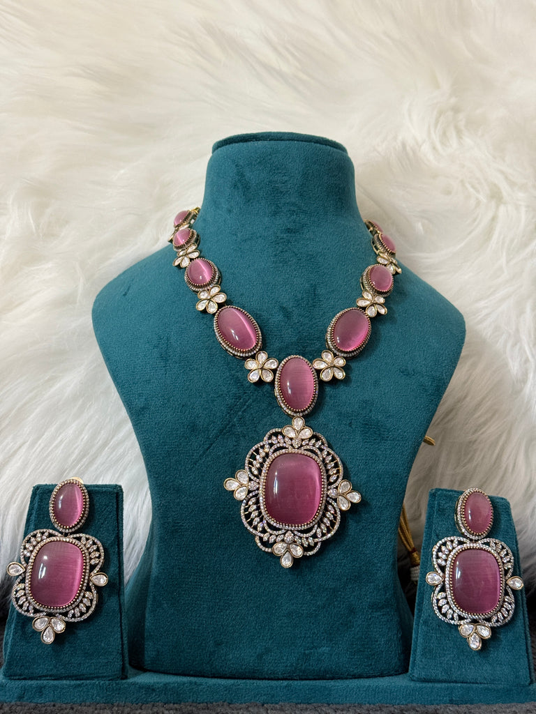 Pink Long Necklace with Earrings