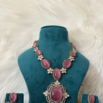 Pink Long Necklace with Earrings