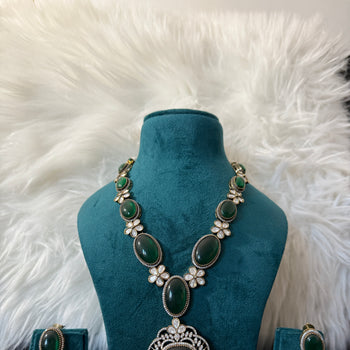 Green Long Necklace with Earrings