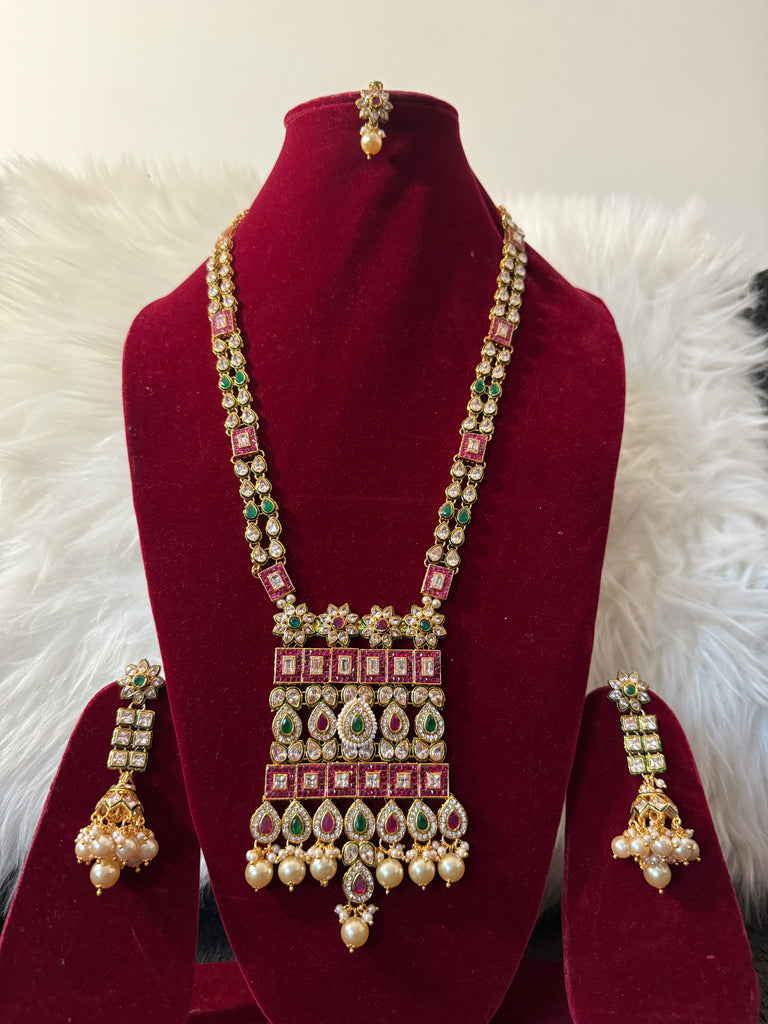 Multi Colored Polki & Kundan Long String Necklace with Maang Tika