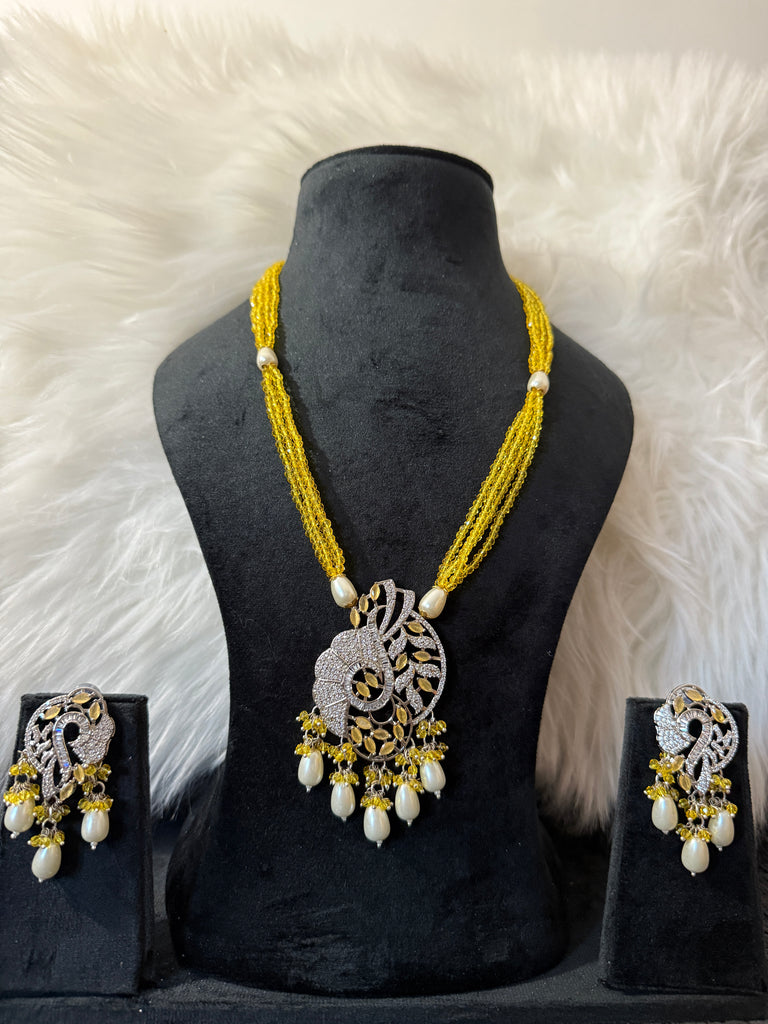 Yellow and Silver Long String Beads Necklace
