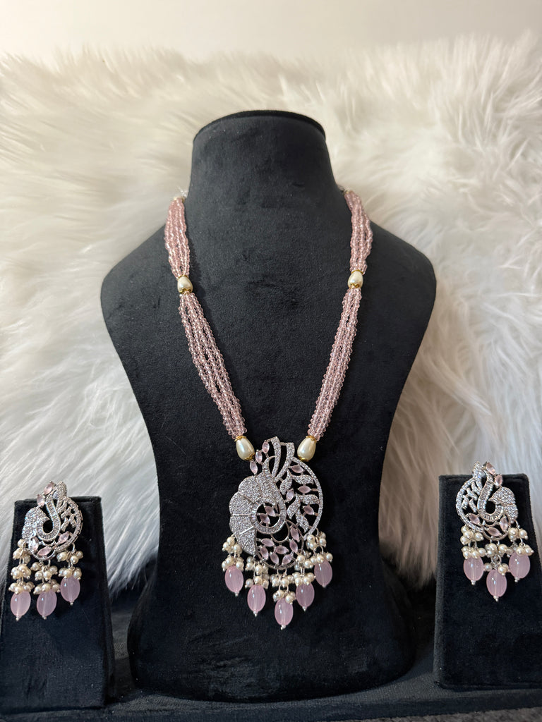 Pink and Silver Long String Beads Necklace