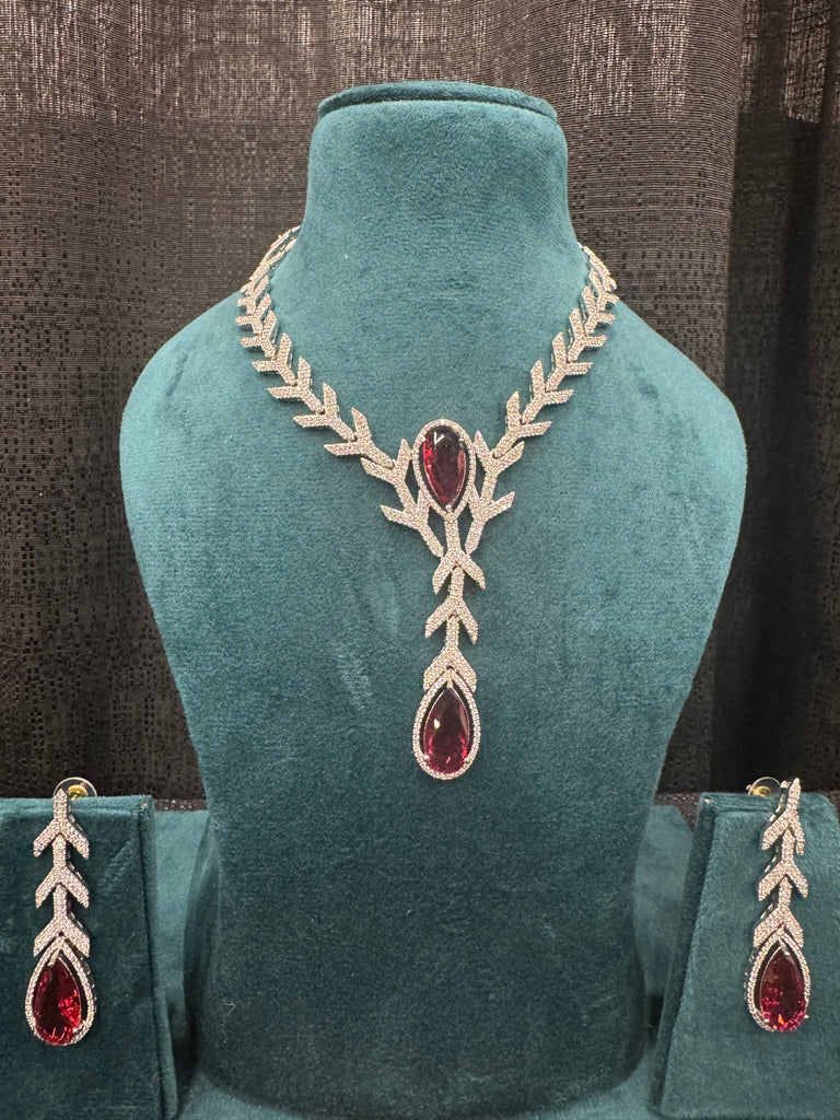 American Diamonds Red Designer Leaf Necklace