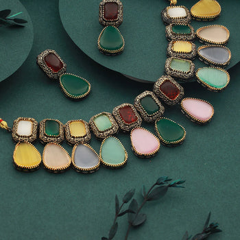 GoldPlated Multi Polki Kundan Studded PearlBeaded Jewellery Set