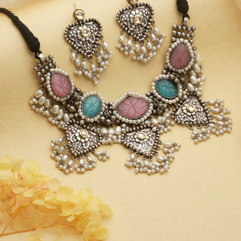 Oxidised Stone Studded Fusion statement Jewellery set