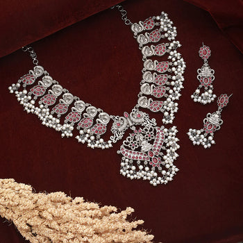 Oxidised Silver Toned Antique Temple Peacock Design Choker Jewellery set