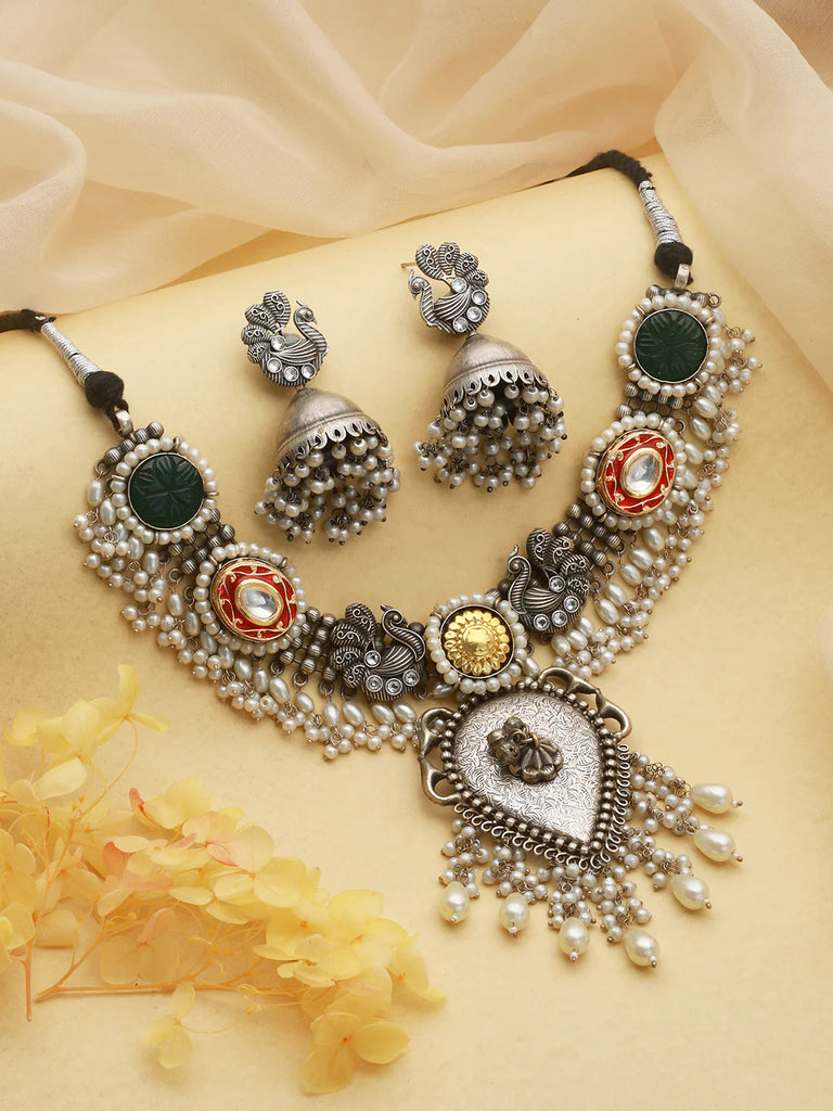 Silver Toned Oxidised Pearl Beaded Fusion Choker Jewellery Set
