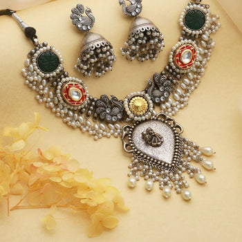 Silver Toned Oxidised Pearl Beaded Fusion Choker Jewellery Set
