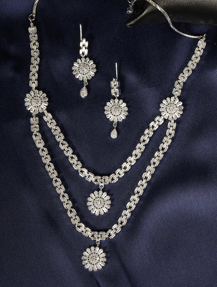 American Diamond Silver Plated Layered Jewellery Set