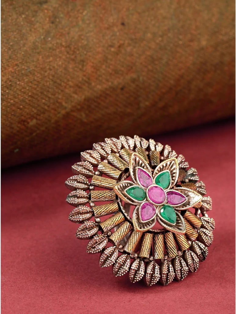 Oxidised Dual Toned Ruby & Emerald Studded Adjustable Ring in Floral Pattern