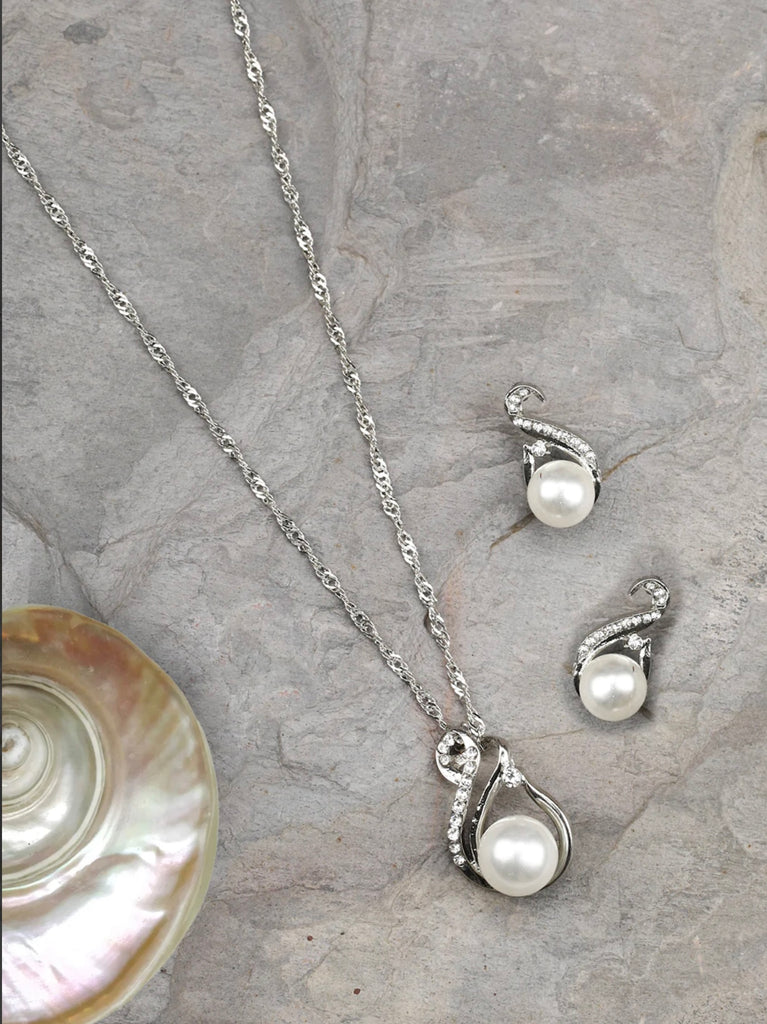 Swirl-Pearls & Stones Silver Plated Pendant Set