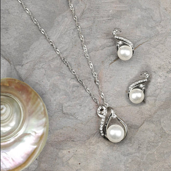 Swirl-Pearls & Stones Silver Plated Pendant Set