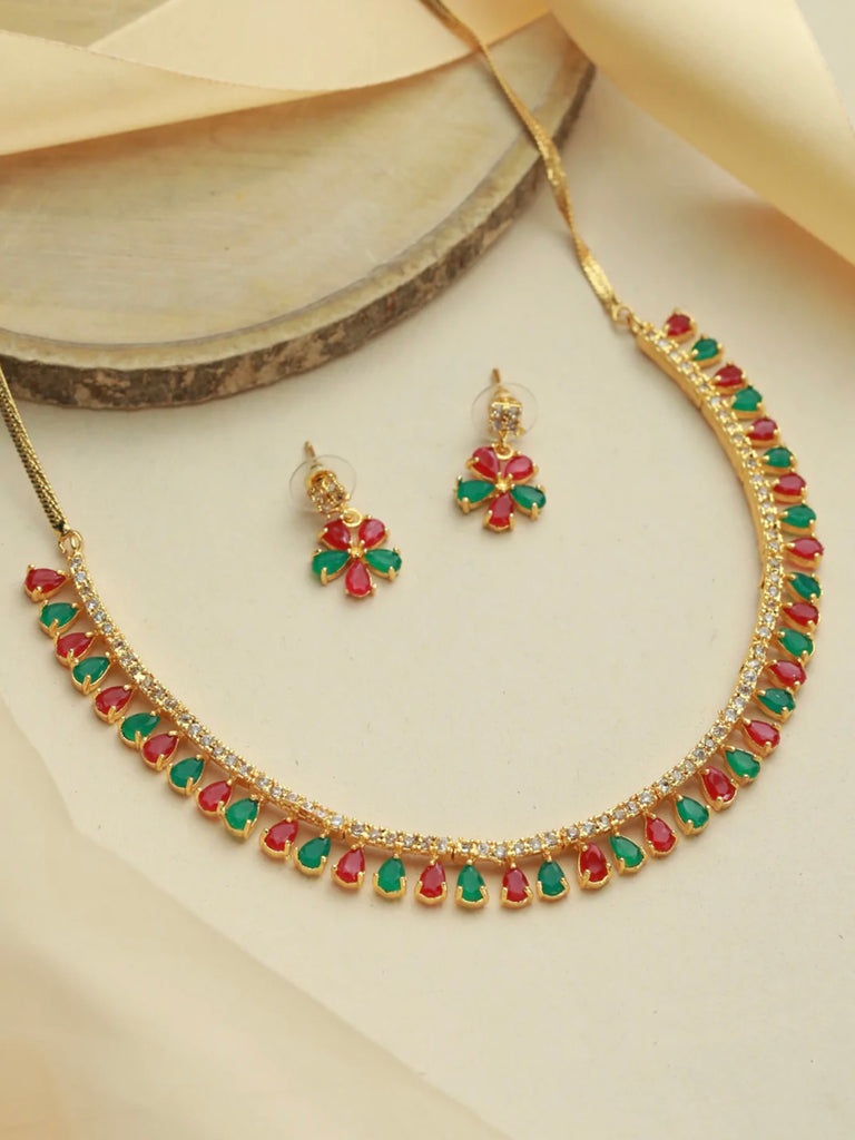 Multicolor Floral Leaf Gold Plated Jewellery Set