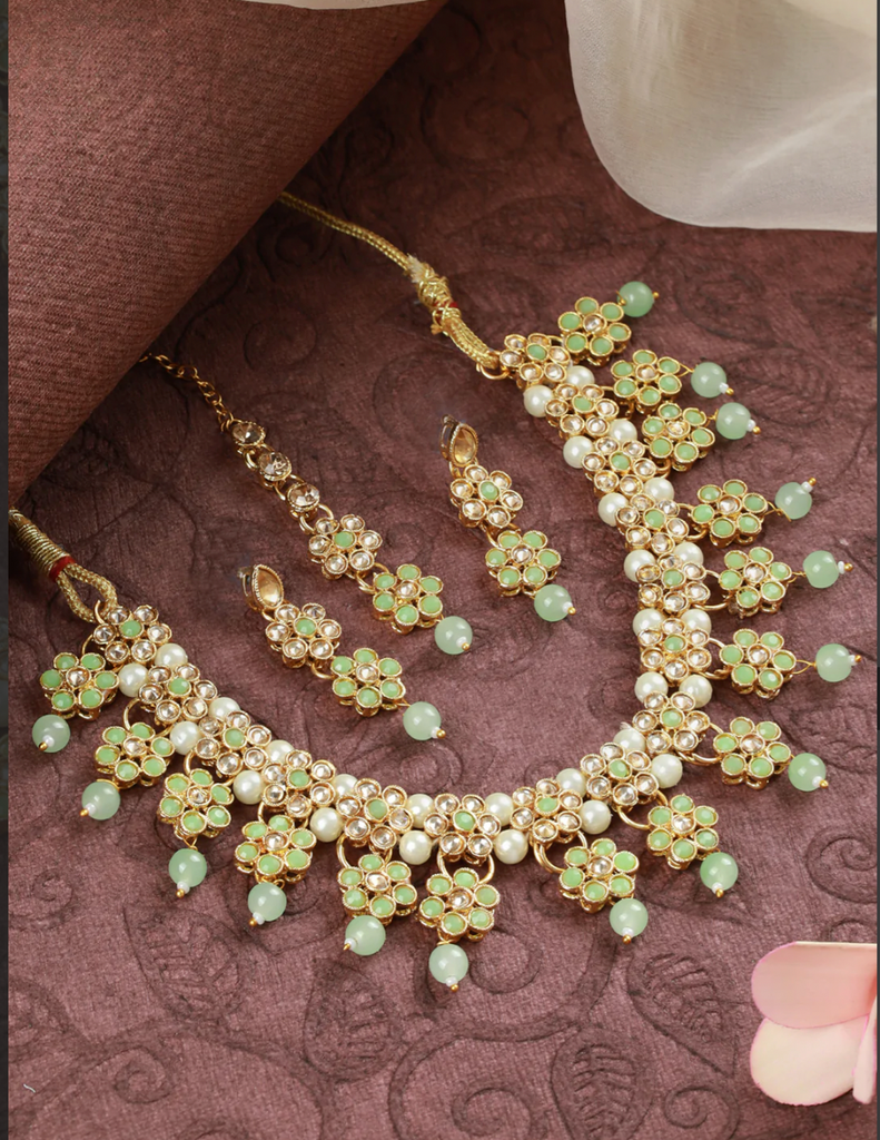 Green Floral Gold Plated Necklace, Earrings and Tikka