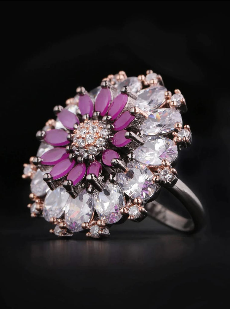 Pink American Diamond Studded Adjustable Ring in Floral Pattern