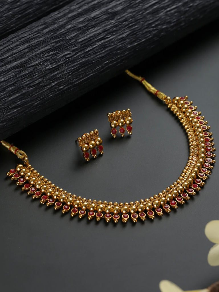 Pink Round Studded Gold-Plated Jewellery Set