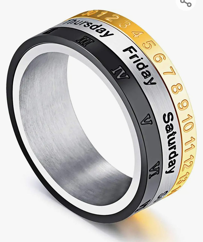 Silver Plated Stainless Steel Stylish Revolving Calendar Jewellery Ring for Boys