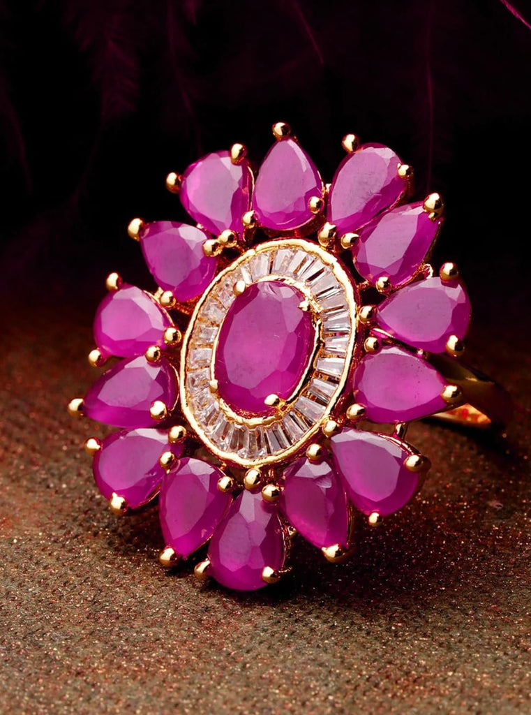 Exclusive Floral Shaped Pink Colour American Diamond Ring for Women And Girls