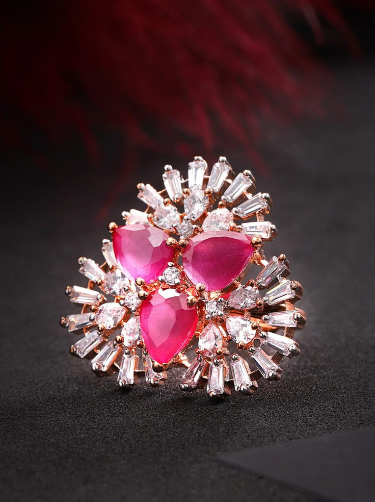 Rose Gold Pink Ruby & American Diamond Studded Broad Floral Ring