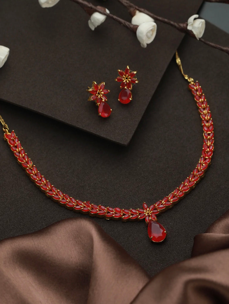 Pink Floral Leaf Gold Plated Jewellery Set