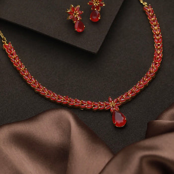 Pink Floral Leaf Gold Plated Jewellery Set
