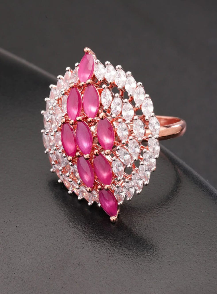Rose Gold Pink Ruby & American Diamond Studded Broad Ring