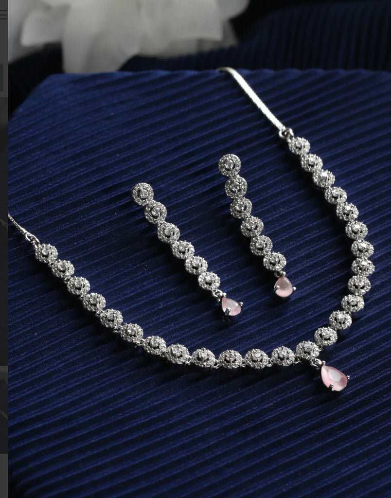 Pink Floral American Diamonds Silver Plated Jewellery Set