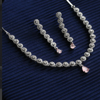 Pink Floral American Diamonds Silver Plated Jewellery Set