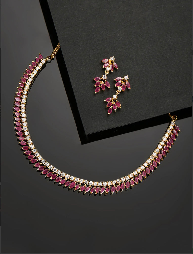 Pink Ruby American Diamond Gold Plated Jewellery Set
