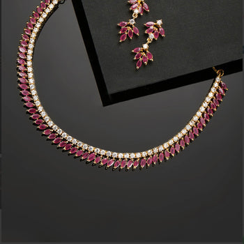 Pink Ruby American Diamond Gold Plated Jewellery Set