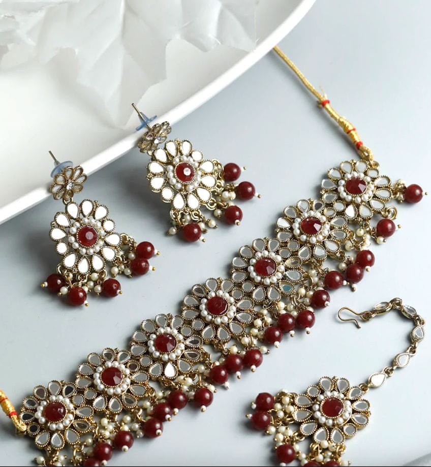 Mirror Studded Maroon Floral Jewellery Set