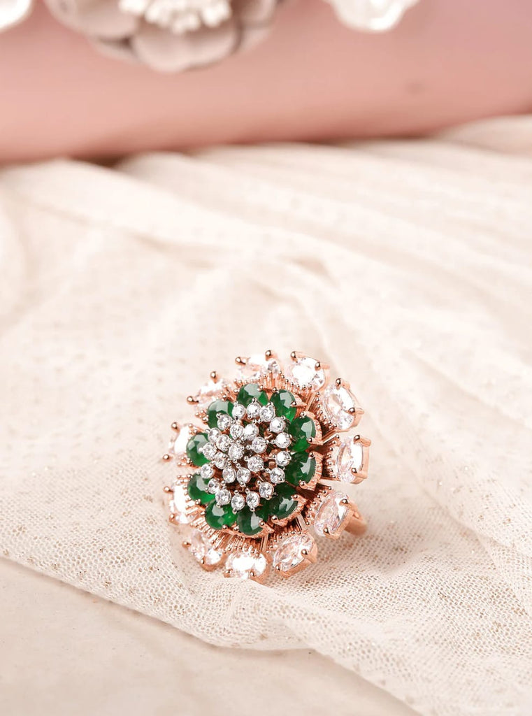 Green Bloom White CZ Studded Party Wear Ring