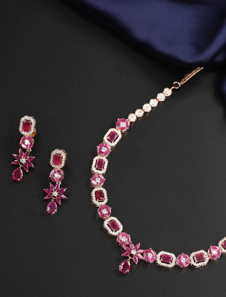 Radiant Ruby-Floral American Diamond Rose Gold Jewellery Set